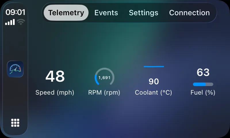 CarPlay dashboard with eight readings.