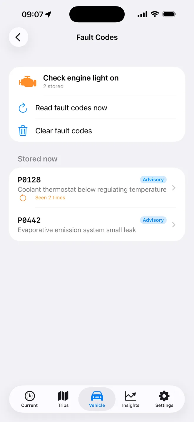 The Fault Codes screen with two stored codes.