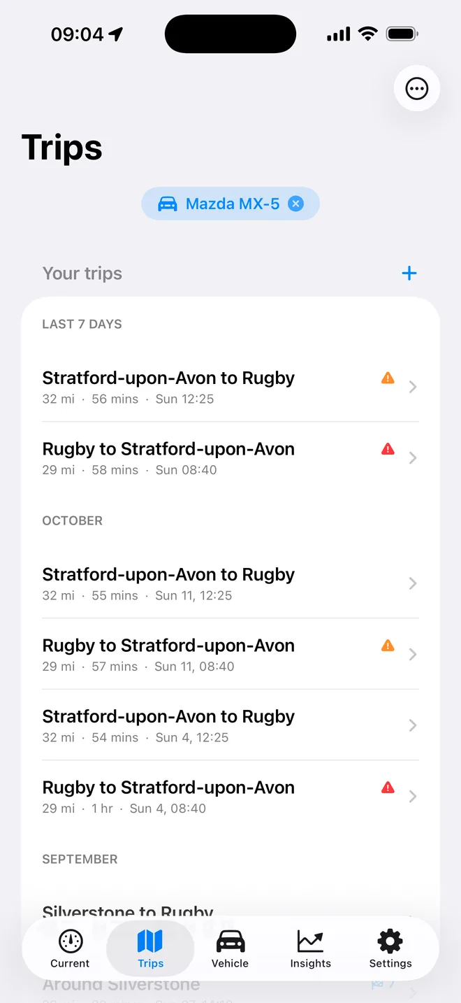 The trips list filtered to one vehicle.